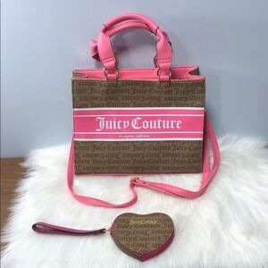 Juicy Couture Pink and Brown Billboard Tote Bag with Heart Wristlet